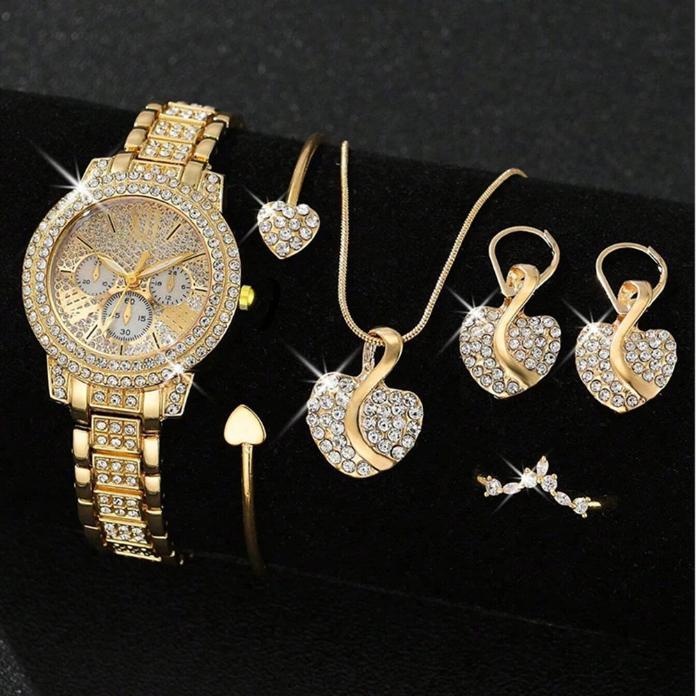 Luxus Damen-Schmuckset – Goldene Quarzuhr mit Ring, Halskette & Ohrringen